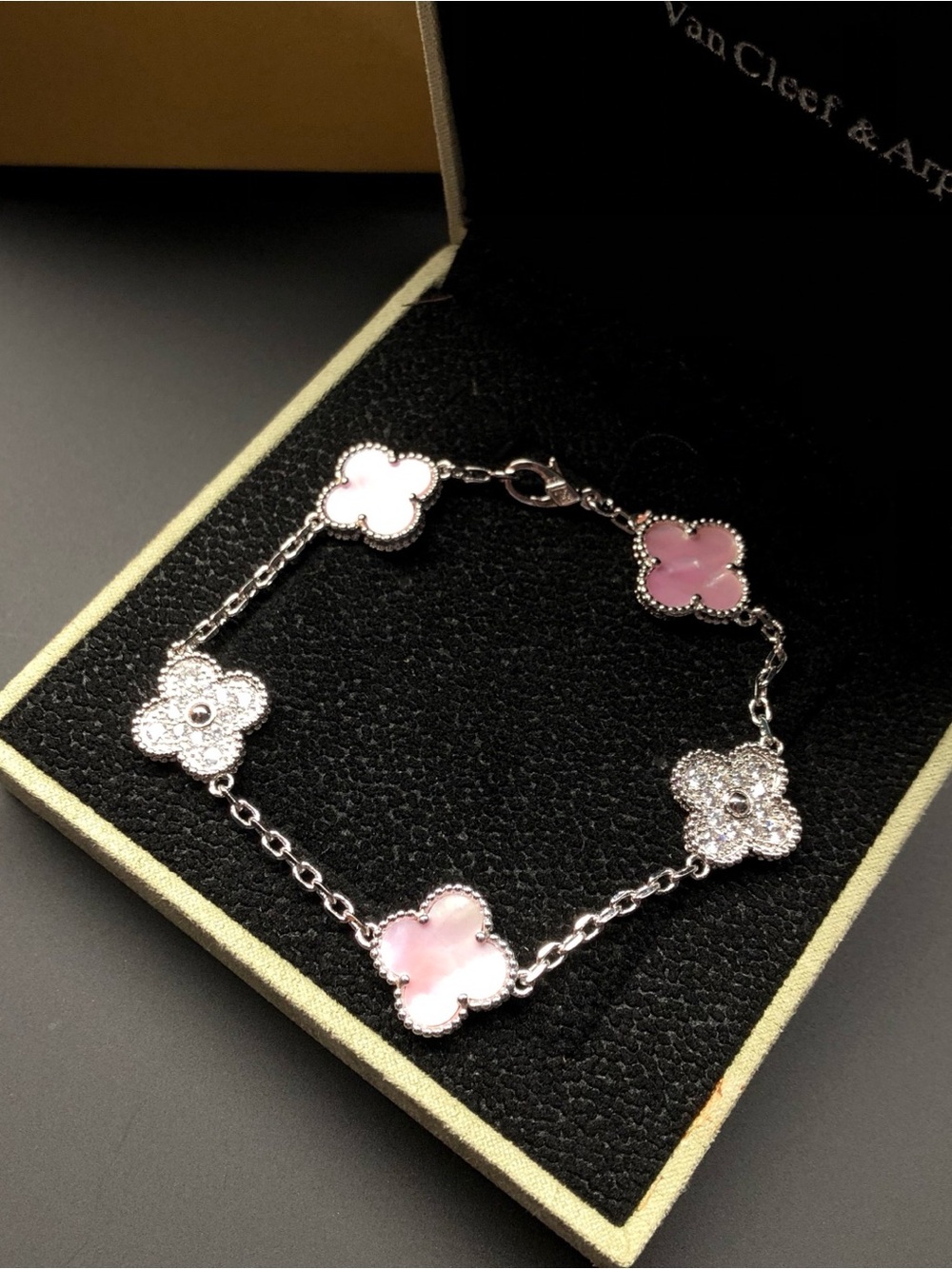 Van Cleef & Arpels Pink and Silver Alhambra Motif Bracelet